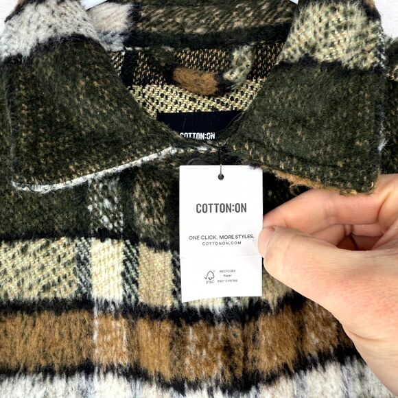 Cotton:‎ On Mens 70$ Khaki Winter Check Fleece Overcoat Size M NEW - Picture 5 of 14
